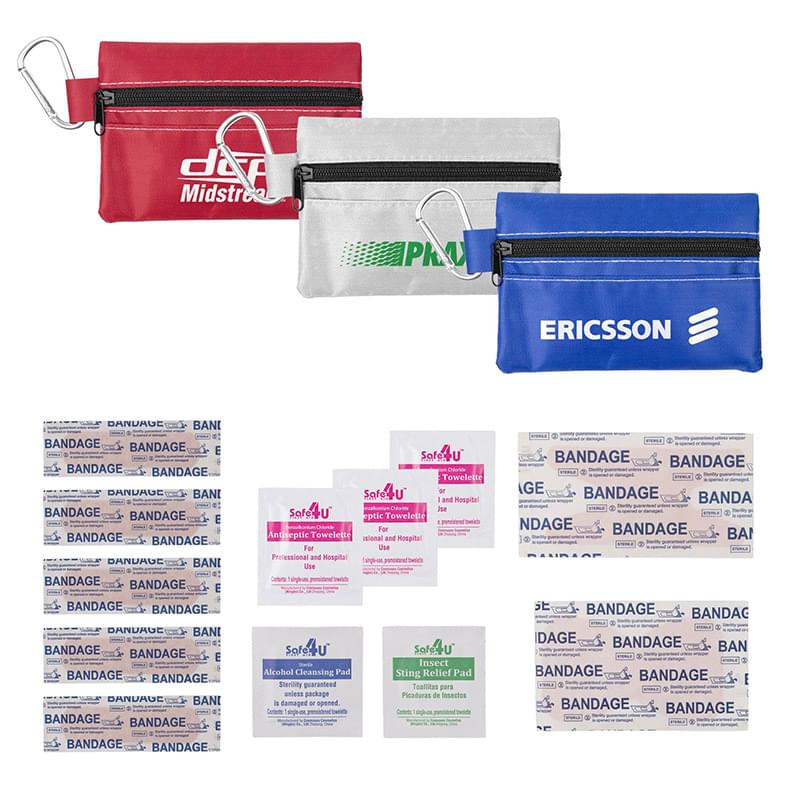14pc First Aid Kit in Soft Zipper Pouch with Carabiner