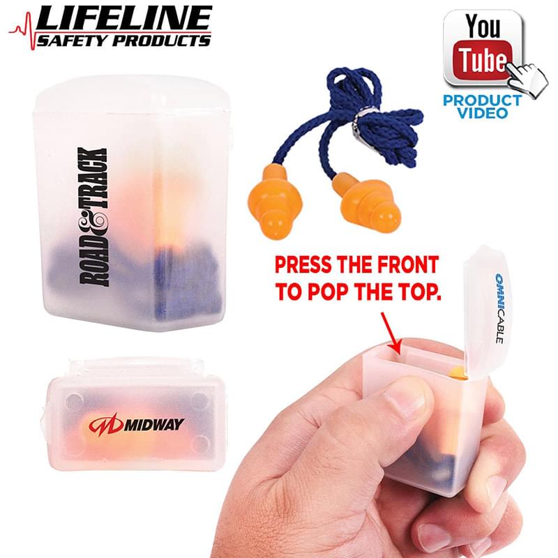Silicone Earplugs With Blue Nylon Cord and Clear Clip Case
