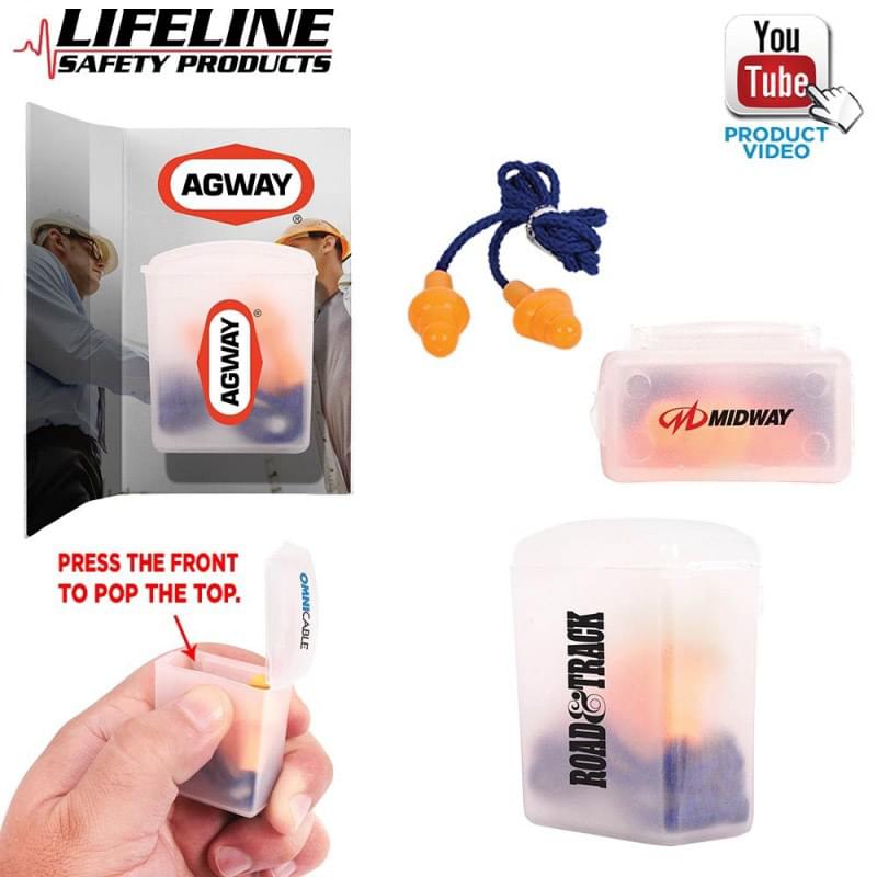 Silicone Earplugs With Blue Nylon Cord and Clear Clip Case